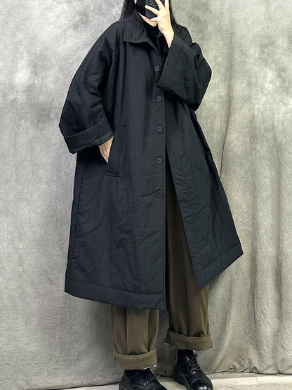 Women Winter Pure Color Turn-down Collar Long Padded Coat