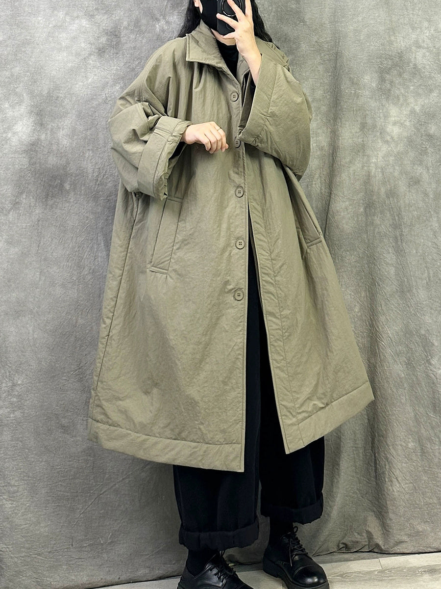 Women Winter Pure Color Turn-down Collar Long Padded Coat
