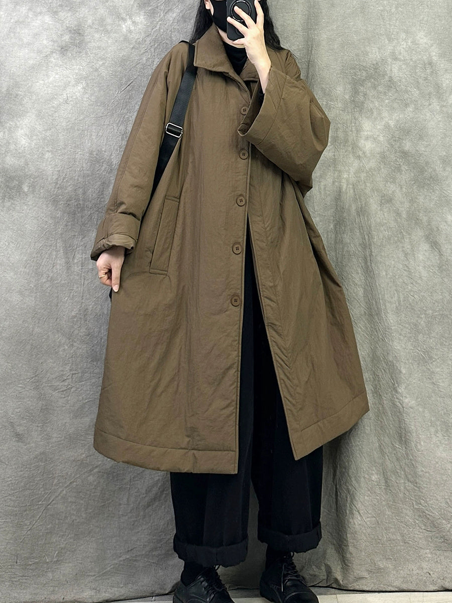 Women Winter Pure Color Turn-down Collar Long Padded Coat