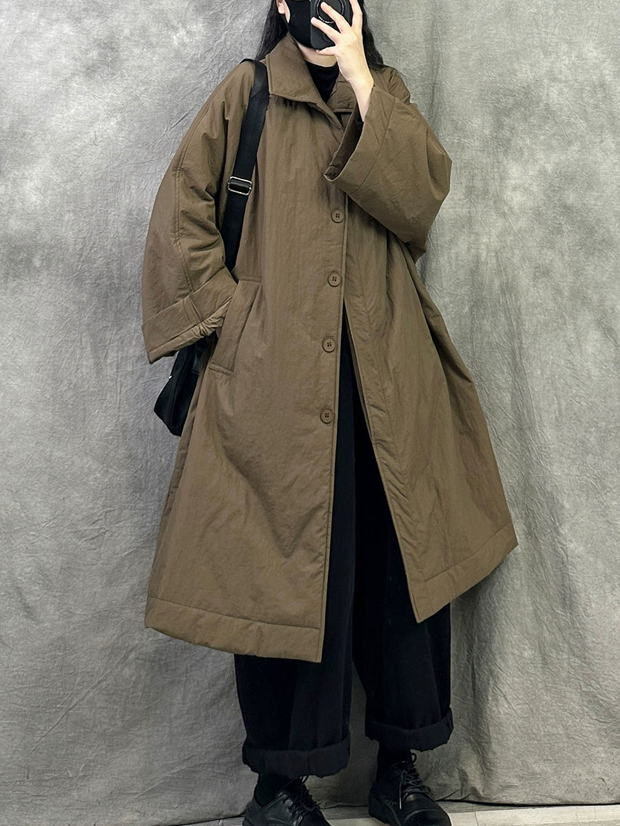 Women Winter Pure Color Turn-down Collar Long Padded Coat