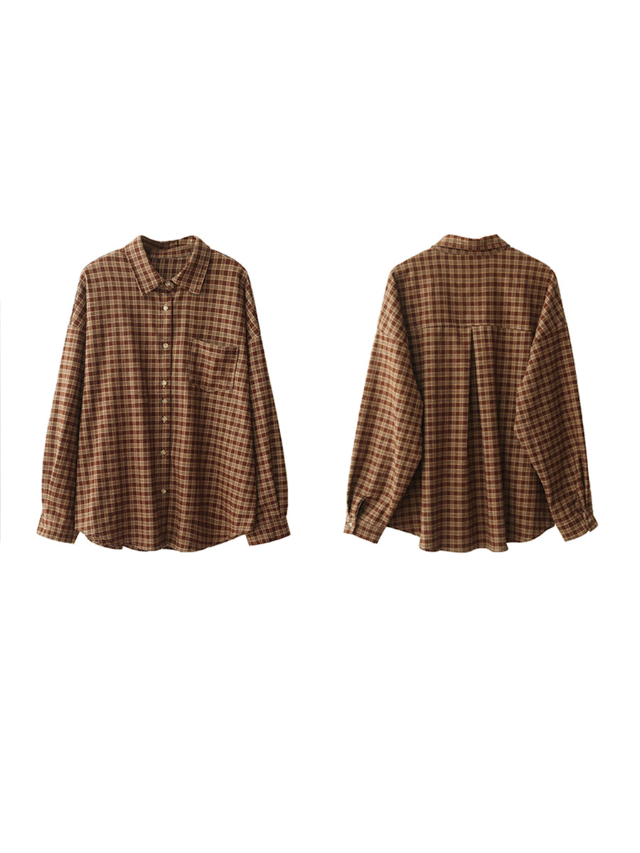 Women Autumn Vintage Plaid Turn-down Collar Shirt