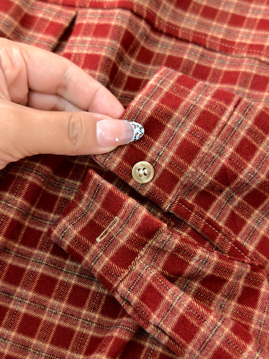 Women Autumn Vintage Plaid Turn-down Collar Shirt