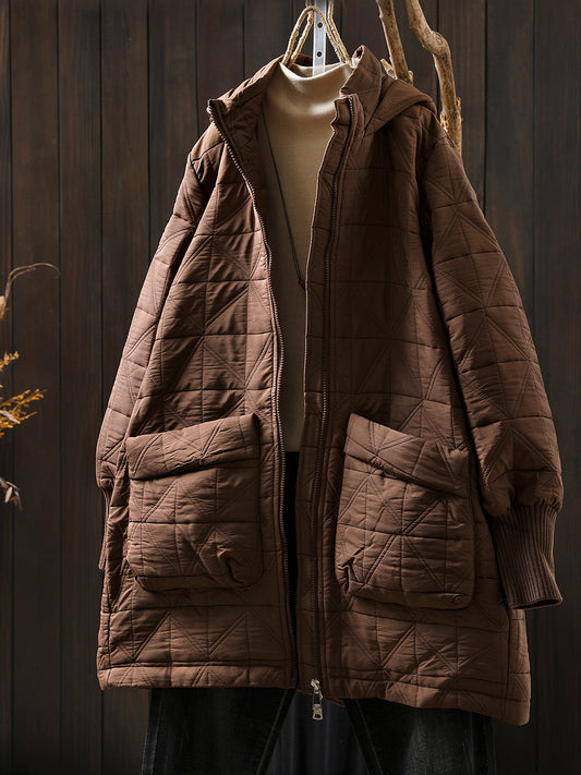Women Autumn Casual Pure Color Hooded Padded Coat