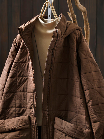 Women Autumn Casual Pure Color Hooded Padded Coat