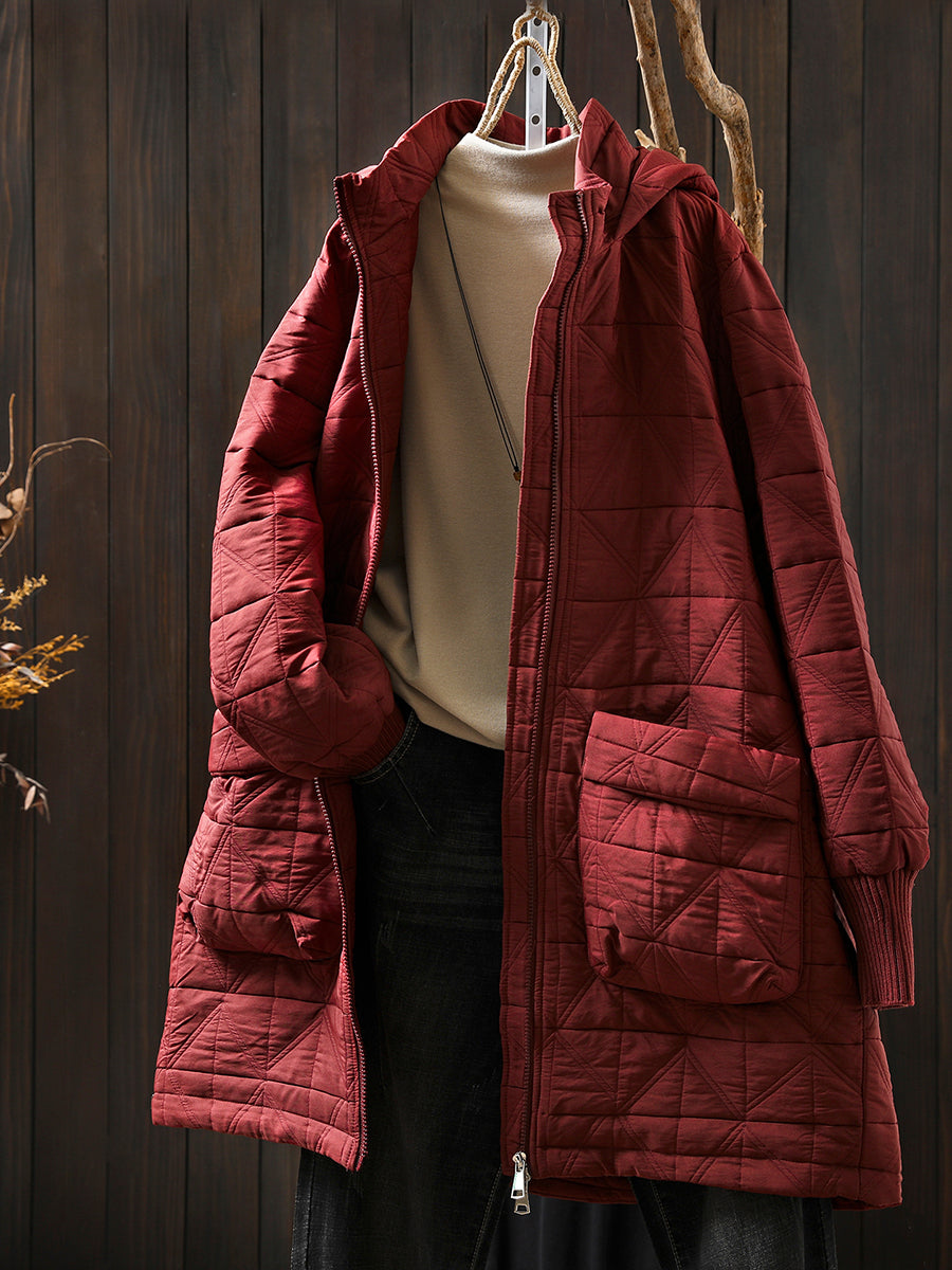 Women Autumn Casual Pure Color Hooded Padded Coat