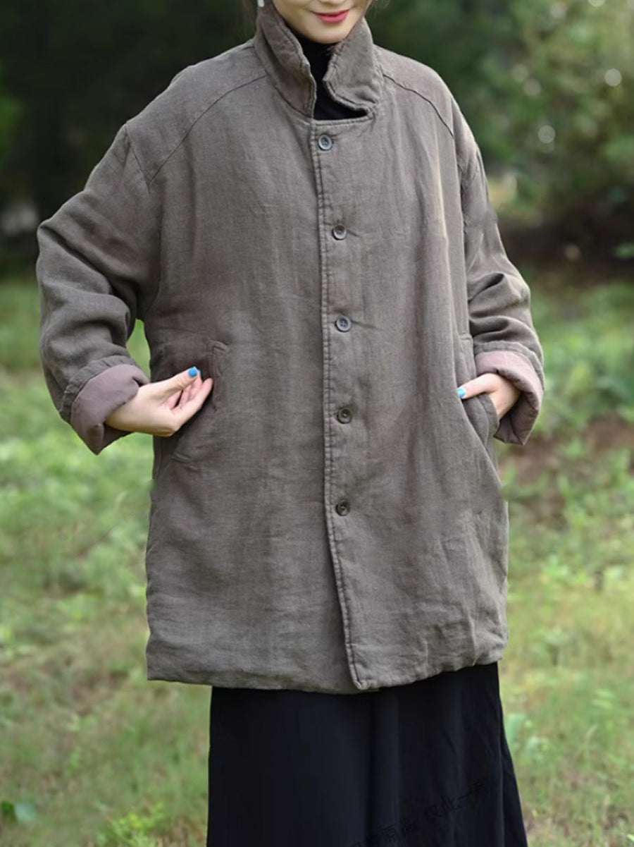 Women Winter Retro Pure Color Turn-down Collar Padded Jacket