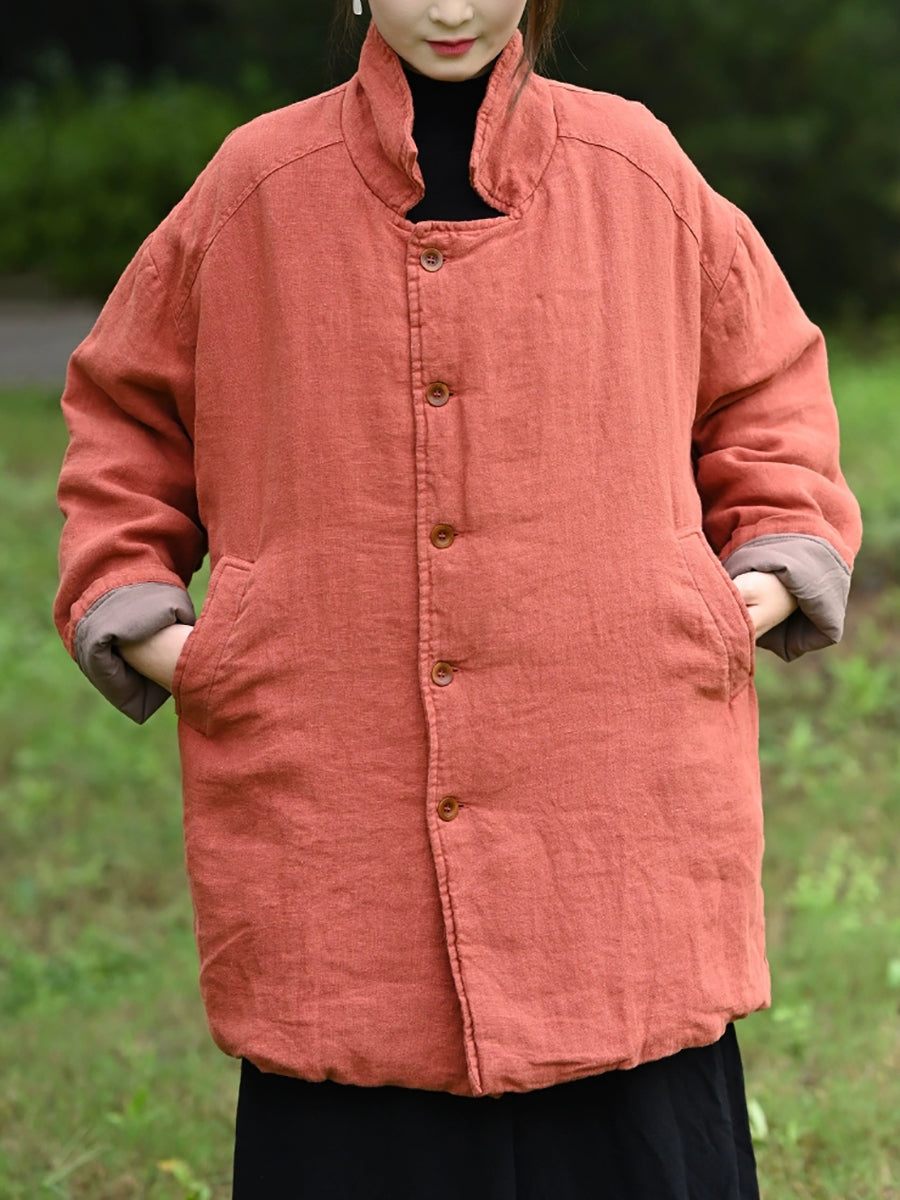 Women Winter Retro Pure Color Turn-down Collar Padded Jacket