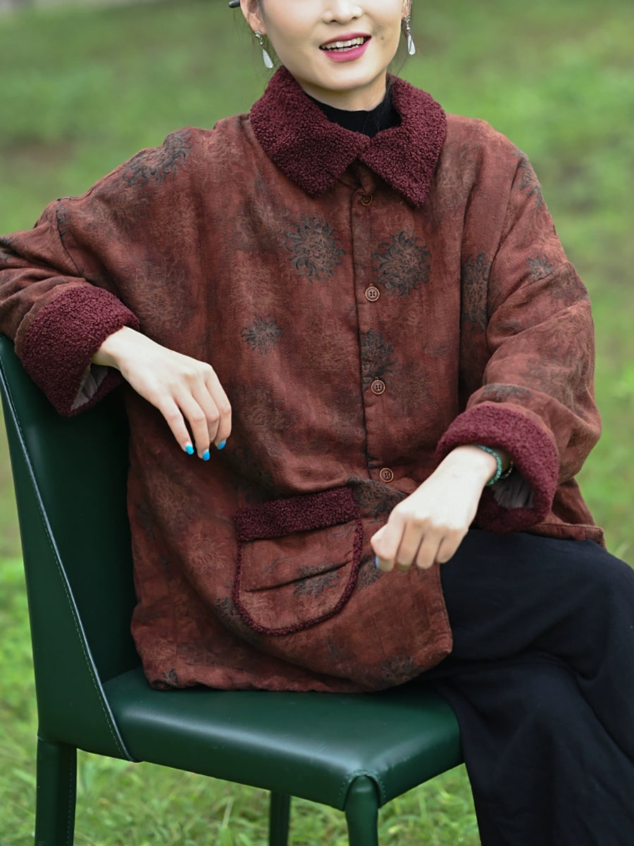 Women Autumn Retro Flower Turn-down Collar Padded Jacket