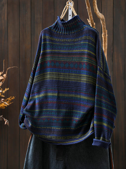 Women Autumn Vintage Stripe Half-Turtleneck Sweater