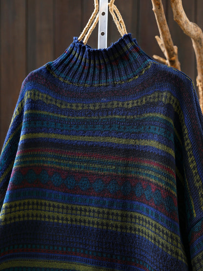 Women Autumn Vintage Stripe Half-Turtleneck Sweater
