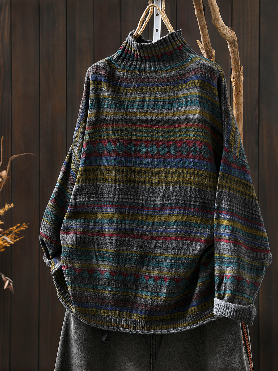Women Autumn Vintage Stripe Half-Turtleneck Sweater