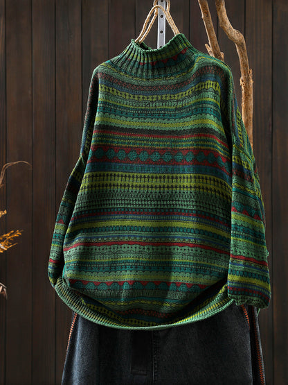 Women Autumn Vintage Stripe Half-Turtleneck Sweater