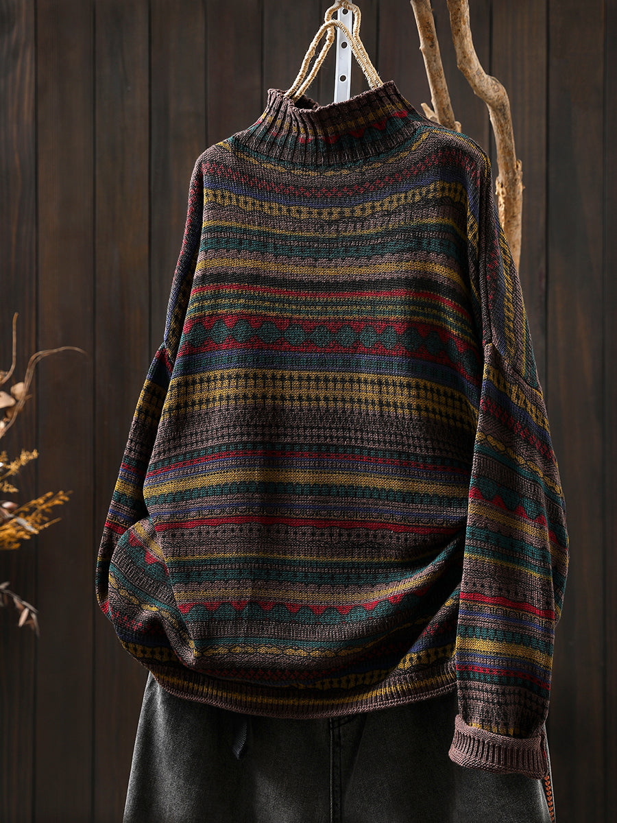 Women Autumn Vintage Stripe Half-Turtleneck Sweater