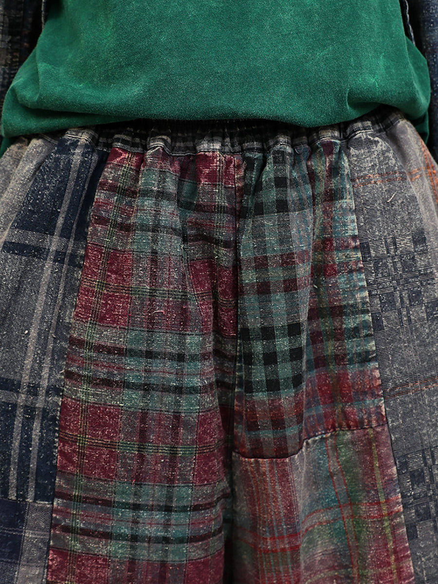 Women Autumn Retro Plaid Spliced Cotton Suits