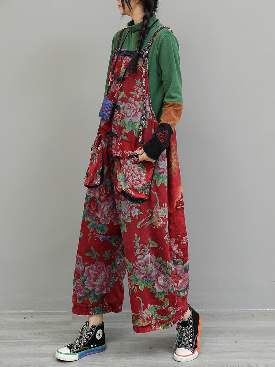 Women Vintage Flower Cotton Loose Jumpsuits