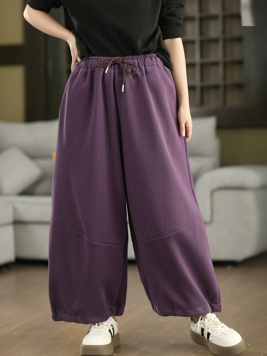 Women Autumn Casual Pure Color Fleece-lined Wide-leg Pants