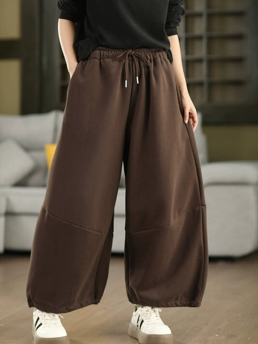 Women Autumn Casual Pure Color Fleece-lined Wide-leg Pants