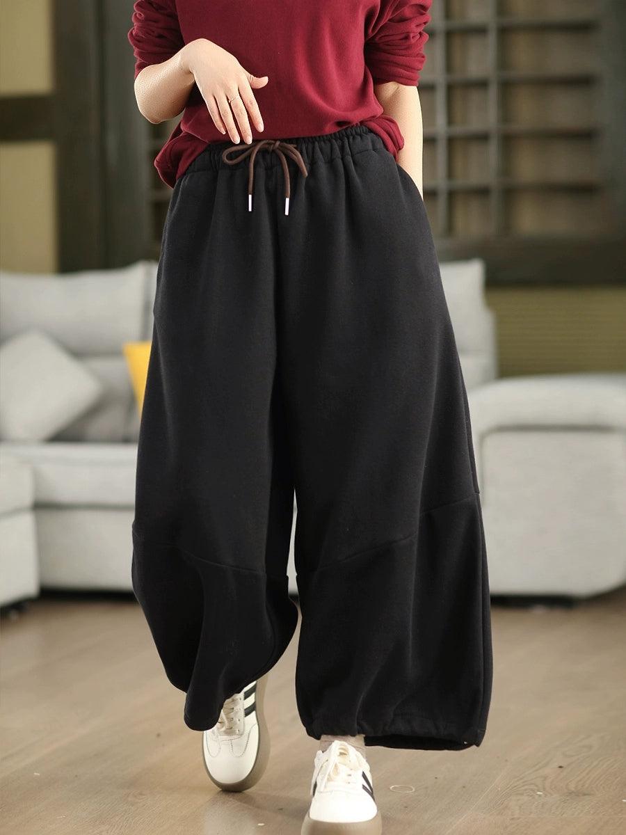 Women Autumn Casual Pure Color Fleece-lined Wide-leg Pants