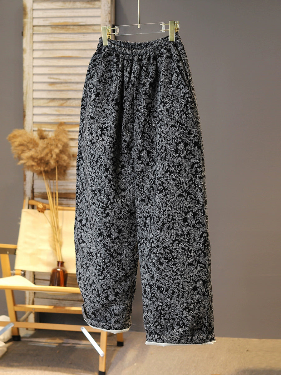 Women Autumn Retro Flower Jacquard Wide-leg Pants