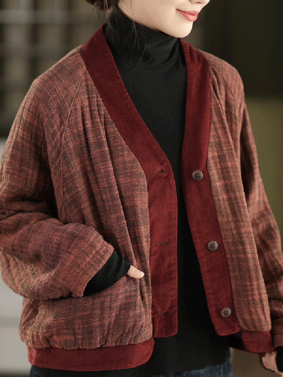 Women Winter Colorblock V-Neck 100%Linen Jacket