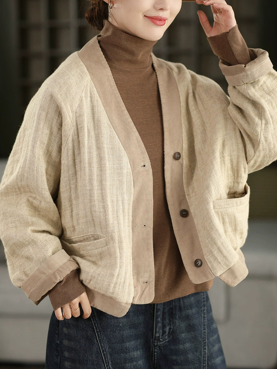 Women Winter Colorblock V-Neck 100%Linen Jacket