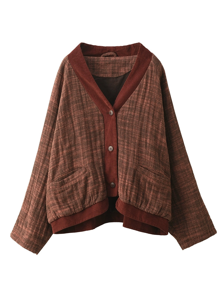 Women Winter Colorblock V-Neck 100%Linen Jacket