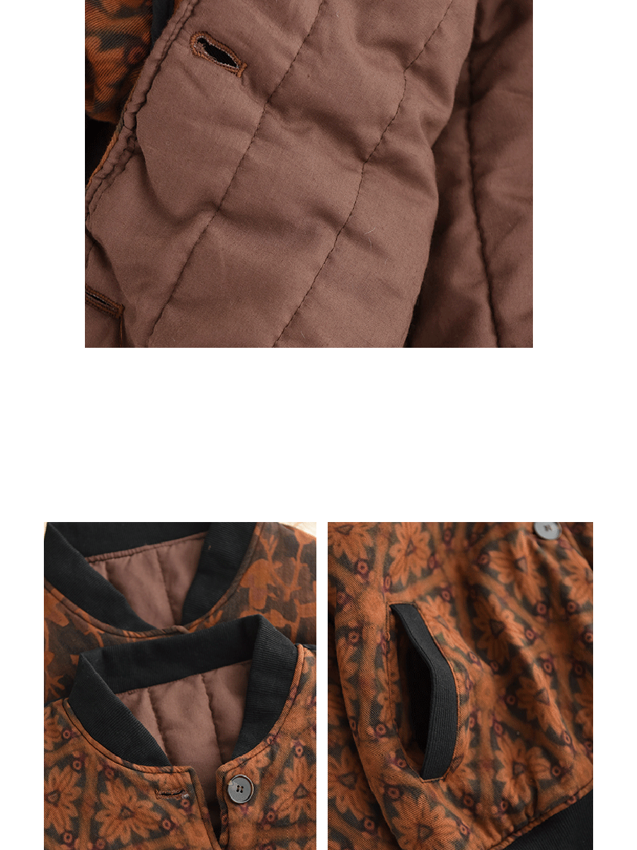 Women Autumn Vintage Flower Stand Collar Cotton Padded Jacket