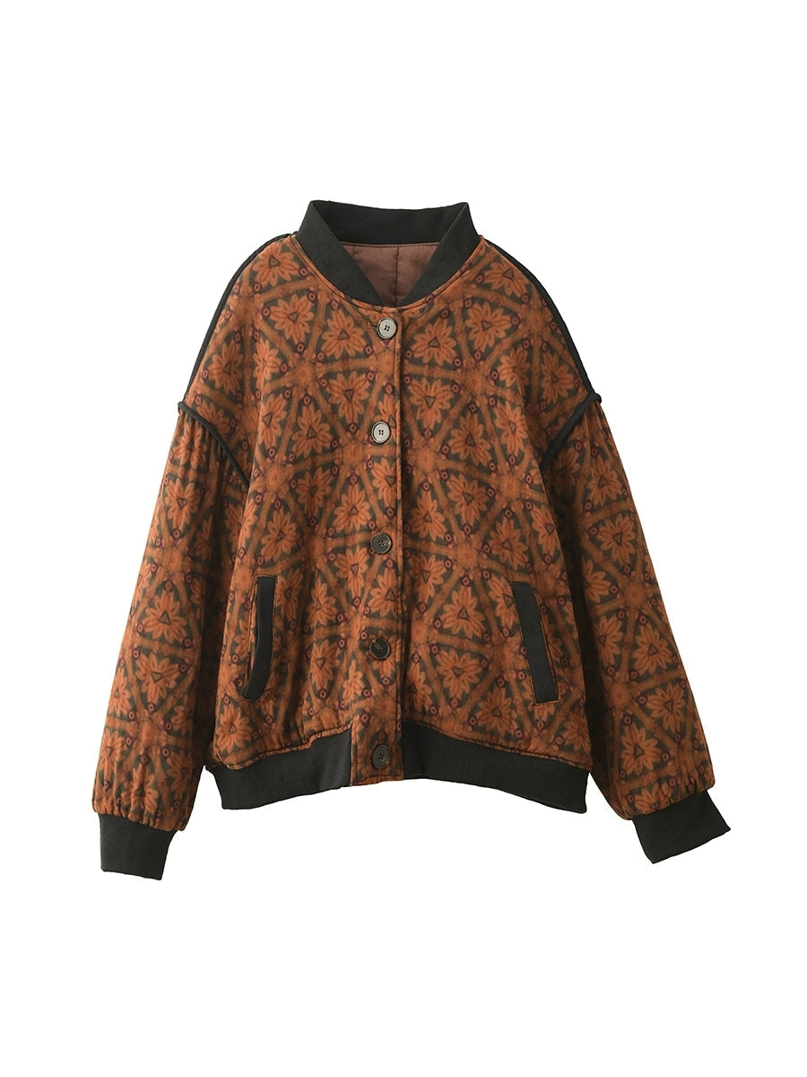 Women Autumn Vintage Flower Stand Collar Cotton Padded Jacket