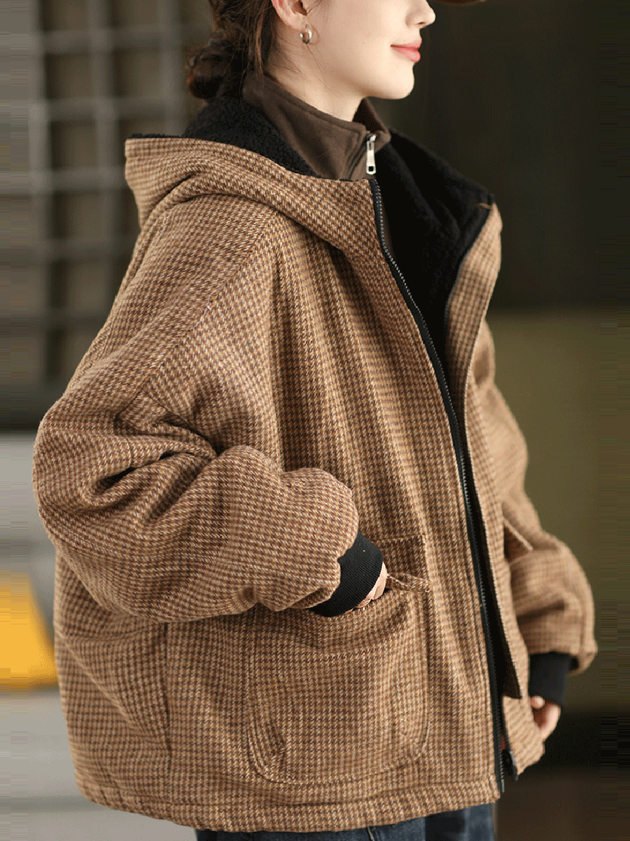 Women Autumn Vintage Plaid Dual-side Wearring Hooded Jacket