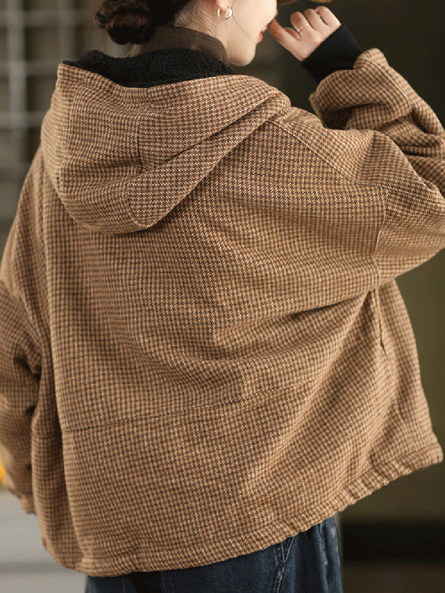 Women Autumn Vintage Plaid Dual-side Wearring Hooded Jacket
