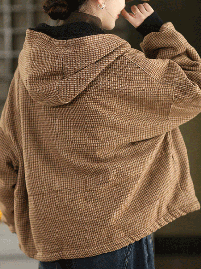 Women Autumn Vintage Plaid Dual-side Wearring Hooded Jacket