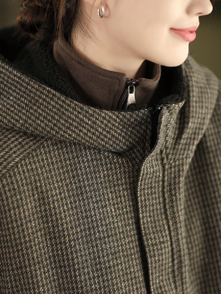Women Autumn Vintage Plaid Dual-side Wearring Hooded Jacket