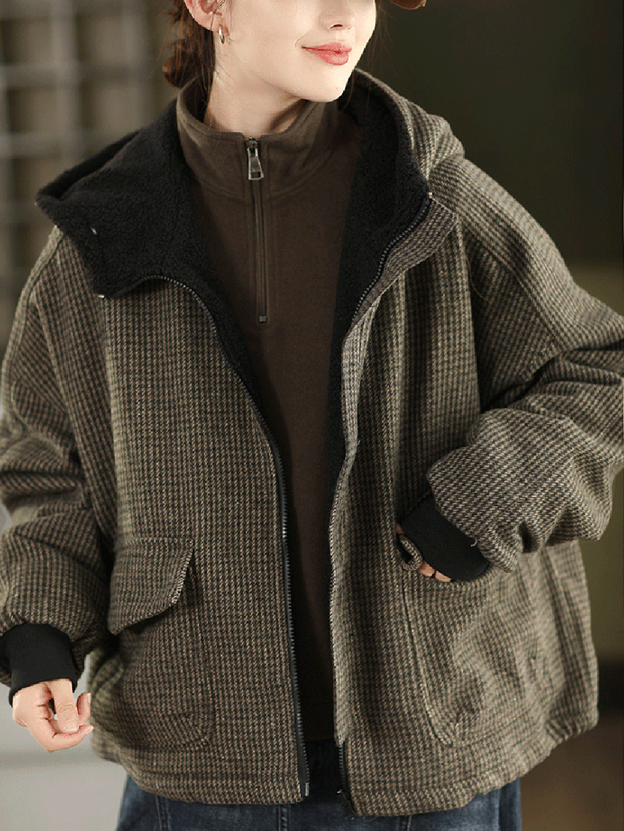 Women Autumn Vintage Plaid Dual-side Wearring Hooded Jacket