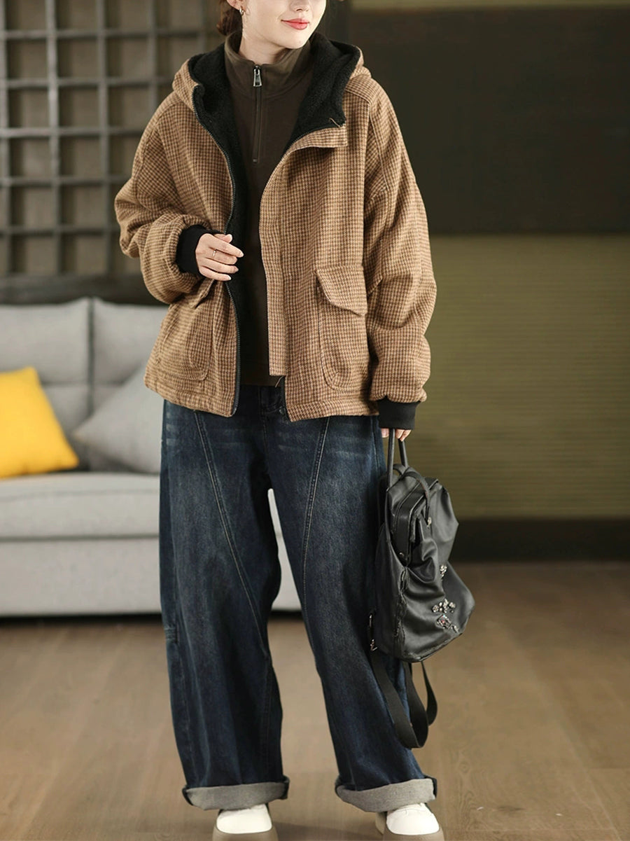 Women Autumn Vintage Plaid Dual-side Wearring Hooded Jacket