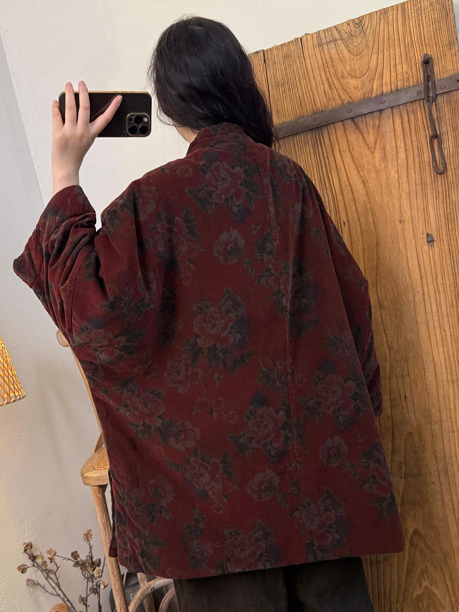 Women Ethnic Autumn Flower Stand Collar Corduroy Coat