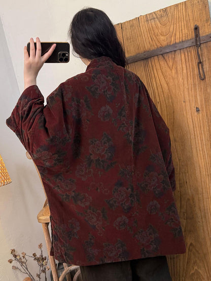 Women Ethnic Autumn Flower Stand Collar Corduroy Coat