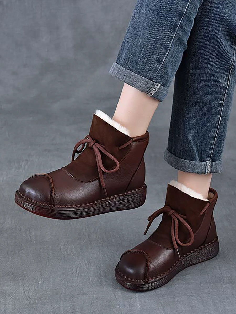 Women Vintage Genuine Leather Spliced Fleece-lined Boots