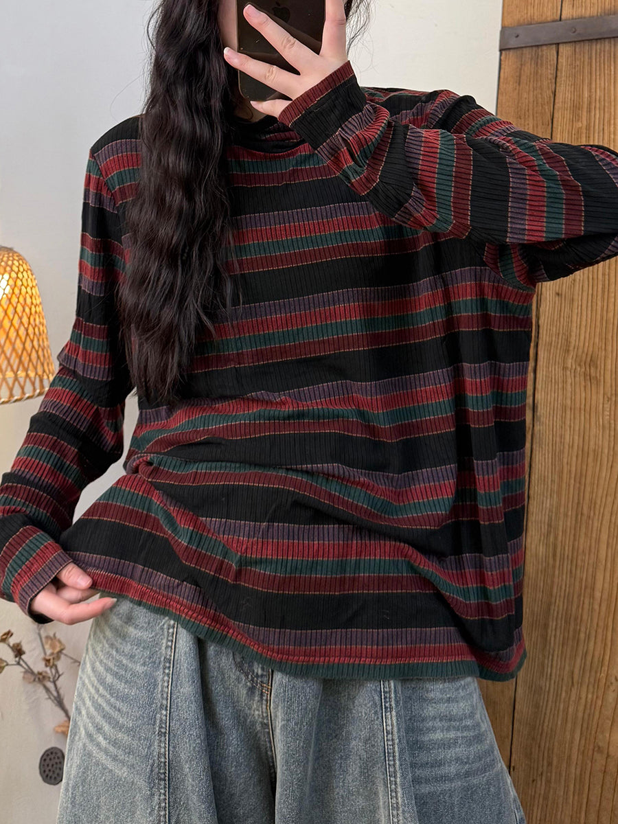 Women Autumn Artsy Stripe Turtleneck Cotton Blouse