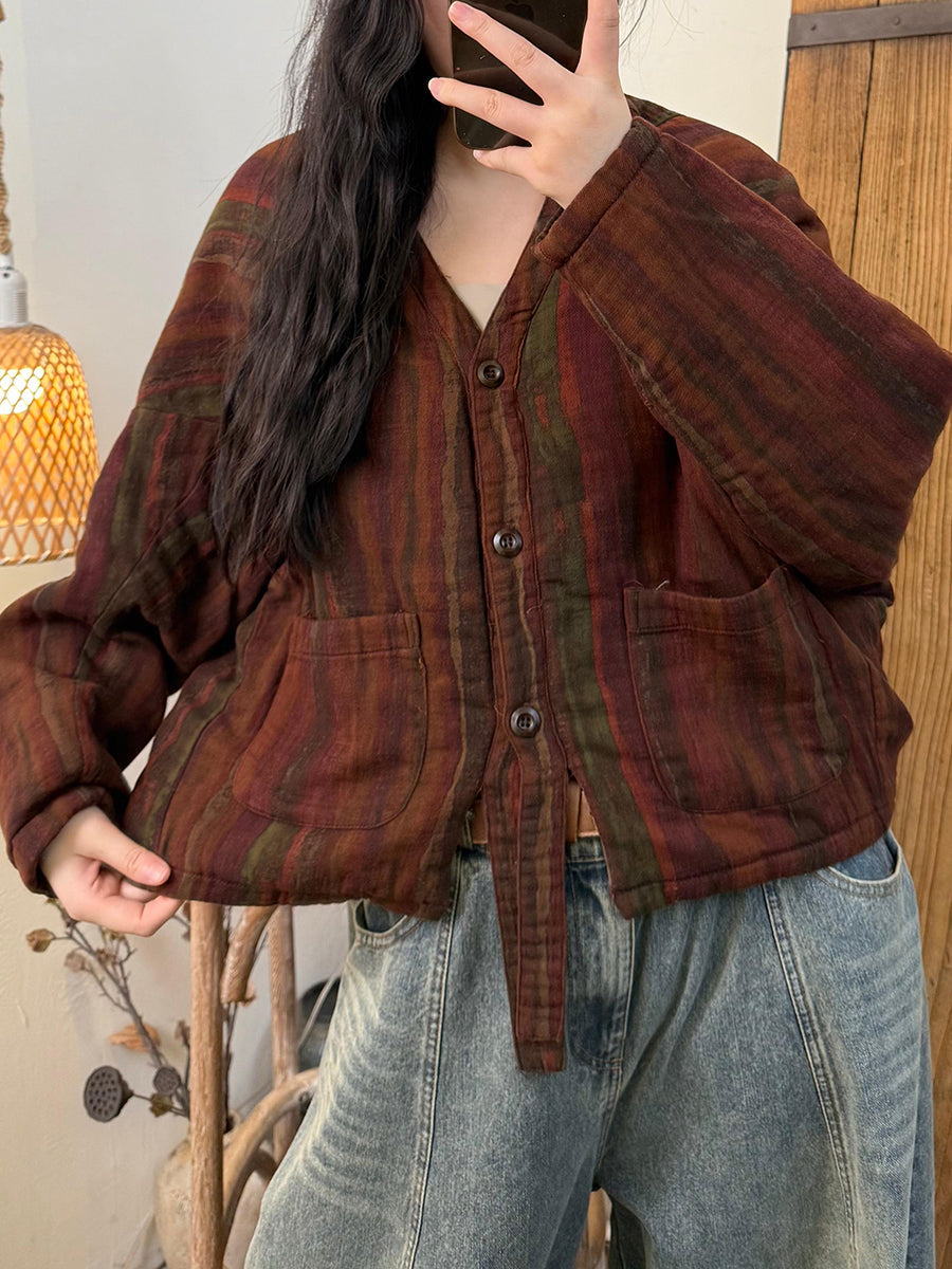 Women Autumn Vintage Print Padded V-Neck Jacket