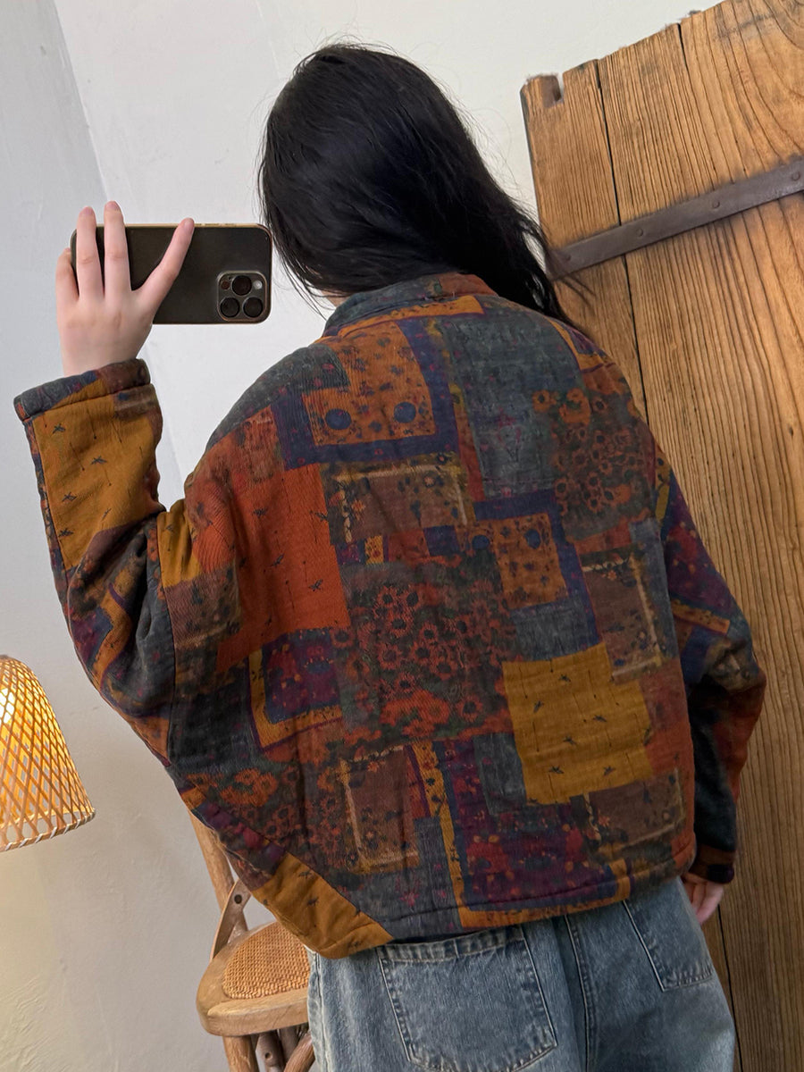 Women Autumn Vintage Print Padded V-Neck Jacket