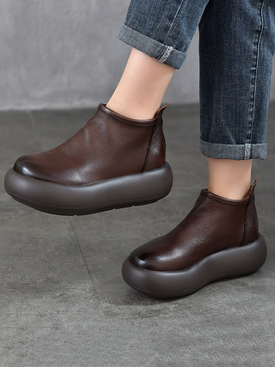Women Vintage Soft Leather Platform Ankle Boots