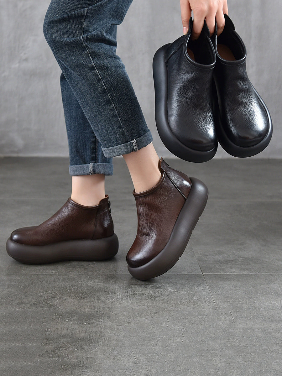 Women Vintage Soft Leather Platform Ankle Boots