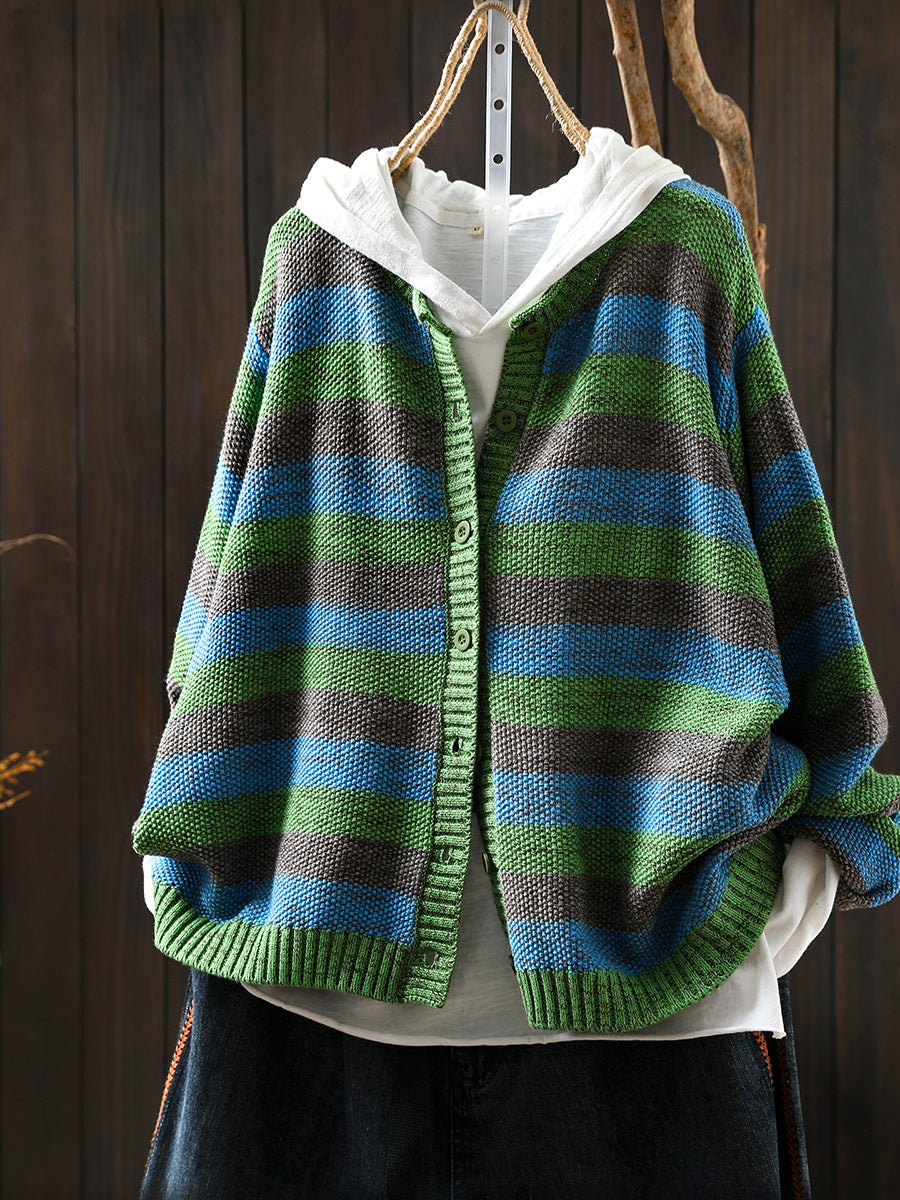 Women Autumn Stripe O-Neck Knitted Sweater Coat