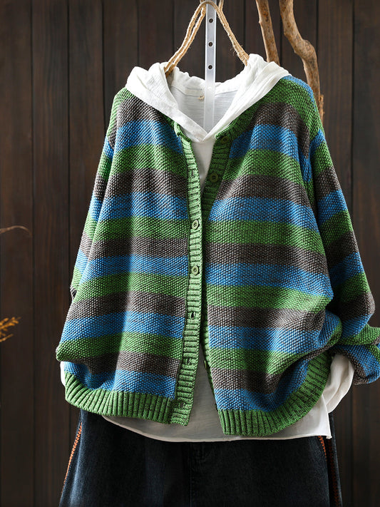 Women Autumn Stripe O-Neck Knitted Sweater Coat