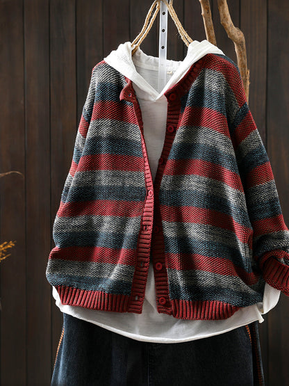 Women Autumn Stripe O-Neck Knitted Sweater Coat