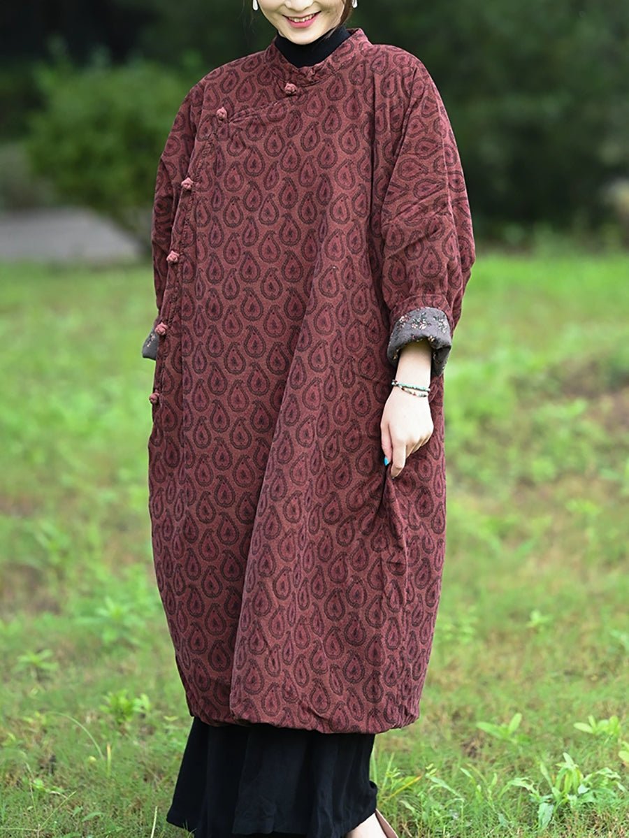 Women Autumn Ethnic Print Stand Collar Dress