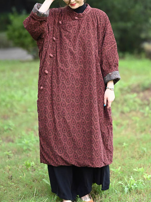 Women Autumn Ethnic Print Stand Collar Dress