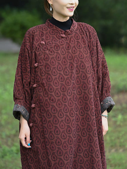 Women Autumn Ethnic Print Stand Collar Dress