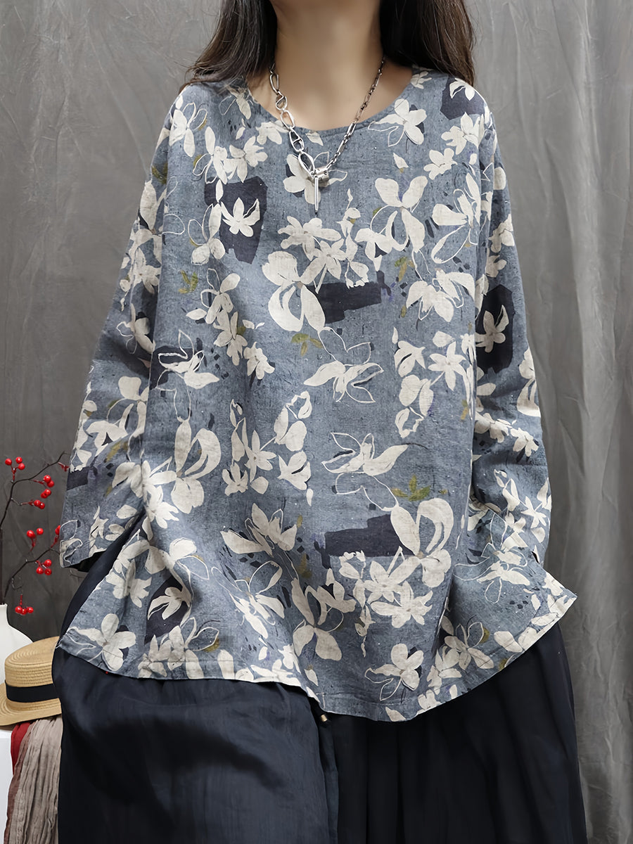 Women Autumn Vintage Flower 100%Linen O-Neck Shirt