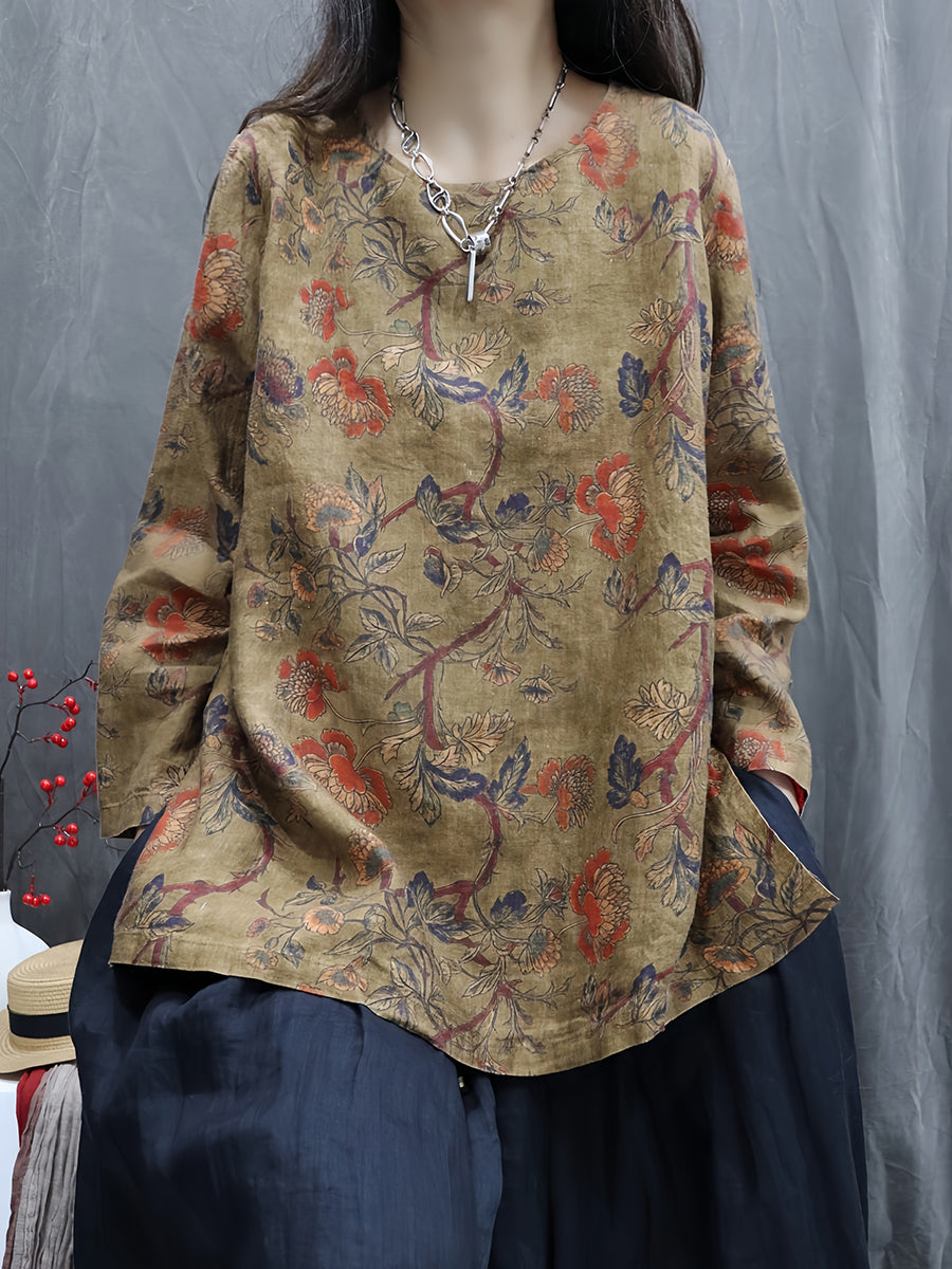 Women Autumn Vintage Flower 100%Linen O-Neck Shirt